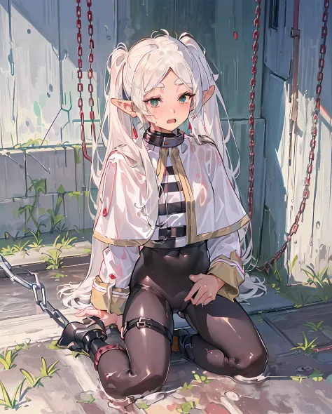 ((((sitting,crotch,peeing,wet,restrained,chain,surprised,))blush,Thigh,nsfw,black tights, panty,(((1 girl,))),excited,White tight dress,))(((masterpiece,8K,production art,)))Yumekawa ,Official art