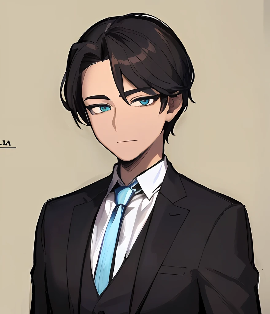 ((Masterpiece))), (((Best Quality))), ((Ultra-detailed)), (very detailed illustration  (Masterpiece: 1.2), (Best Quality: 1.3), 1 guy standing Guy in a formal suit with a black tie . Dark hair, Cyan eyes
