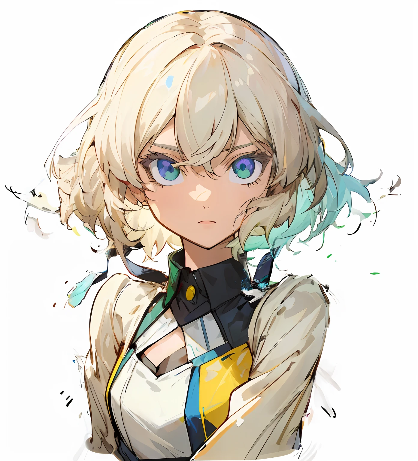 Anime girl aux yeux verts et haut jaune, Portrait Chevaliers du Zodiaque Fille, chevaliers de la fille du zodiaque, fille d&#39;anime voyou, art officiel, fille aux cheveux blancs, fille aux cheveux blancs courts, art de personnage d&#39;anime, Illustrations des personnages officiels, une guerrière blonde émeraude, art détaillé des personnages d&#39;anime,