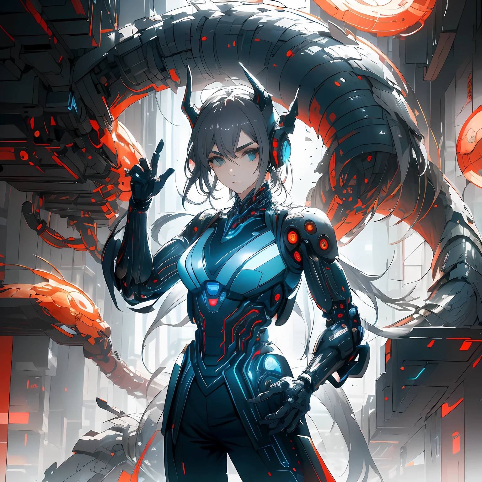 （（A futuristic））， （（mito））， （（fanciful）），Machinary，1girll， Cyberpunk urban environment， gray-haired girl，Avant-garde clothing， （Above its head is a mechanical Asian dragon：1.5）， （neonlight：1.2）， （cybernetically enhanced：1.1）， （Fine dragon scales：1.1）， （action-packed scene：1.2）， （cinematic compositions：1.1）， Mixed media artwork， 8K分辨率，best qualtiy，lightand shade contrast，Unreal 5，