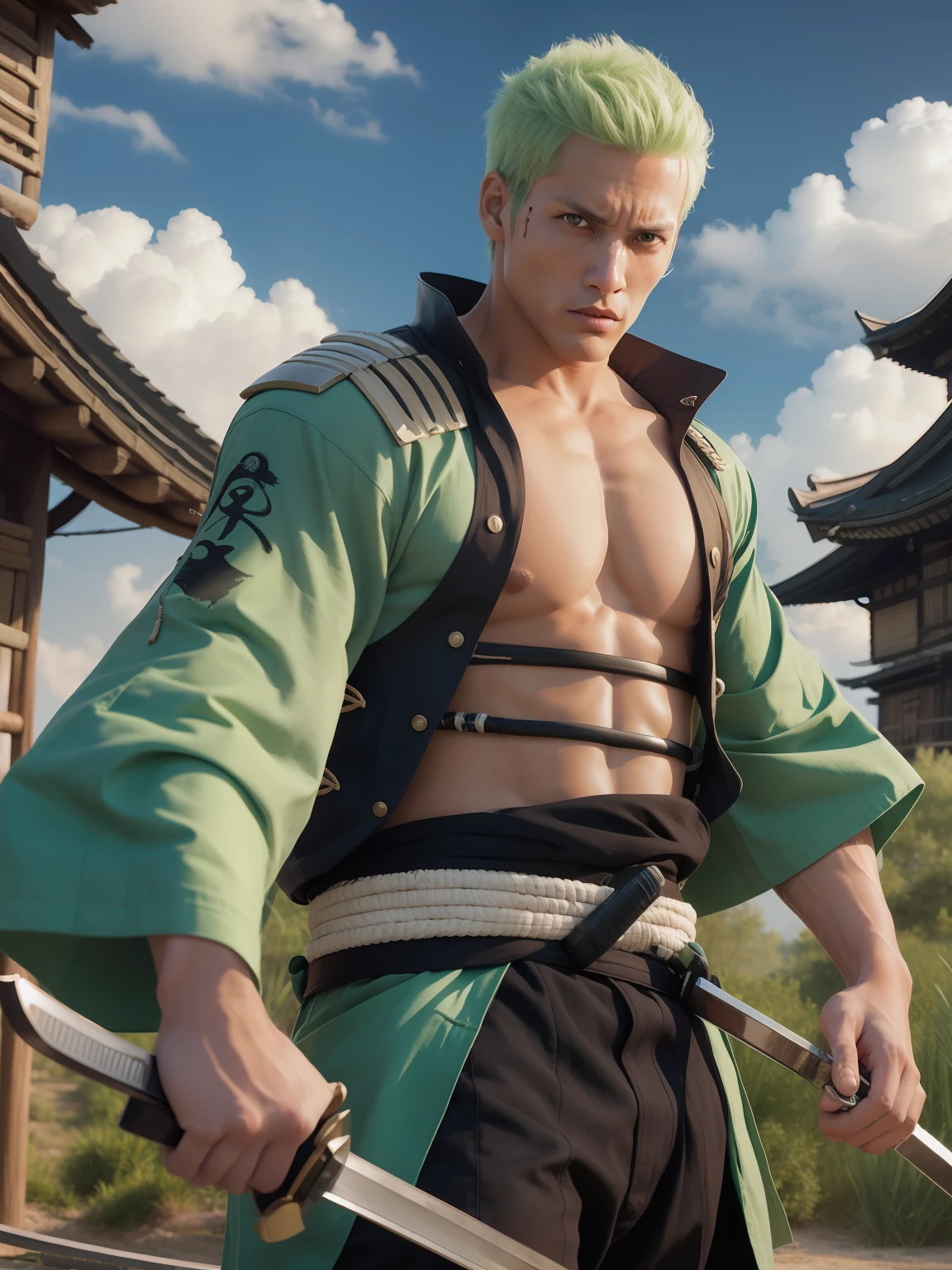 1 Mann, zorro, Samurai, Piraten, kurzes Haar, grüne Haare, Katana, weißes T-Shirt, Realistisch, Ultra-Detail, 77mm lens