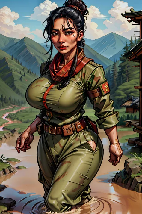 "A strong-willed Asian woman, clad in rugged military attire, stands resolutely amidst the muddy terrain."
