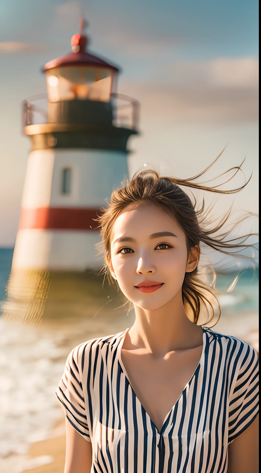 filmg, Coastal beauty, girl in a charming nautical outfit, striped shirt, (bright eyes, sun-kissed skin, carefree expression), sandy beach background, lighthouse, gentle sea breeze, playful pose, dynamic composition, golden hour lighting, blurred background, rich colors, fine details, hyperrealistic, 50mm lens, relaxed atmosphere.