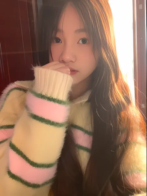 long hair alafi girl in sweater and striped sweater, ulzzangs, shin jinying, jaeyeon nam, 🍁 cute, 🚿🗝📝, sakimichan, with long hai...