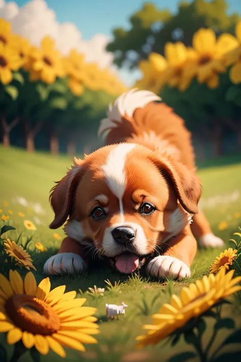 Crie uma imagem com um cachorro fofo brincando em um campo ensolarado, com flores coloridas ao redor.