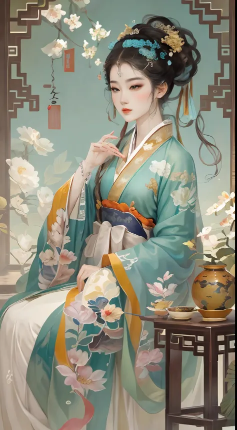 there is a woman sitting on a table with a mirror, a beautiful artwork illustration, ancient chinese beauties, inspired by yun-f...