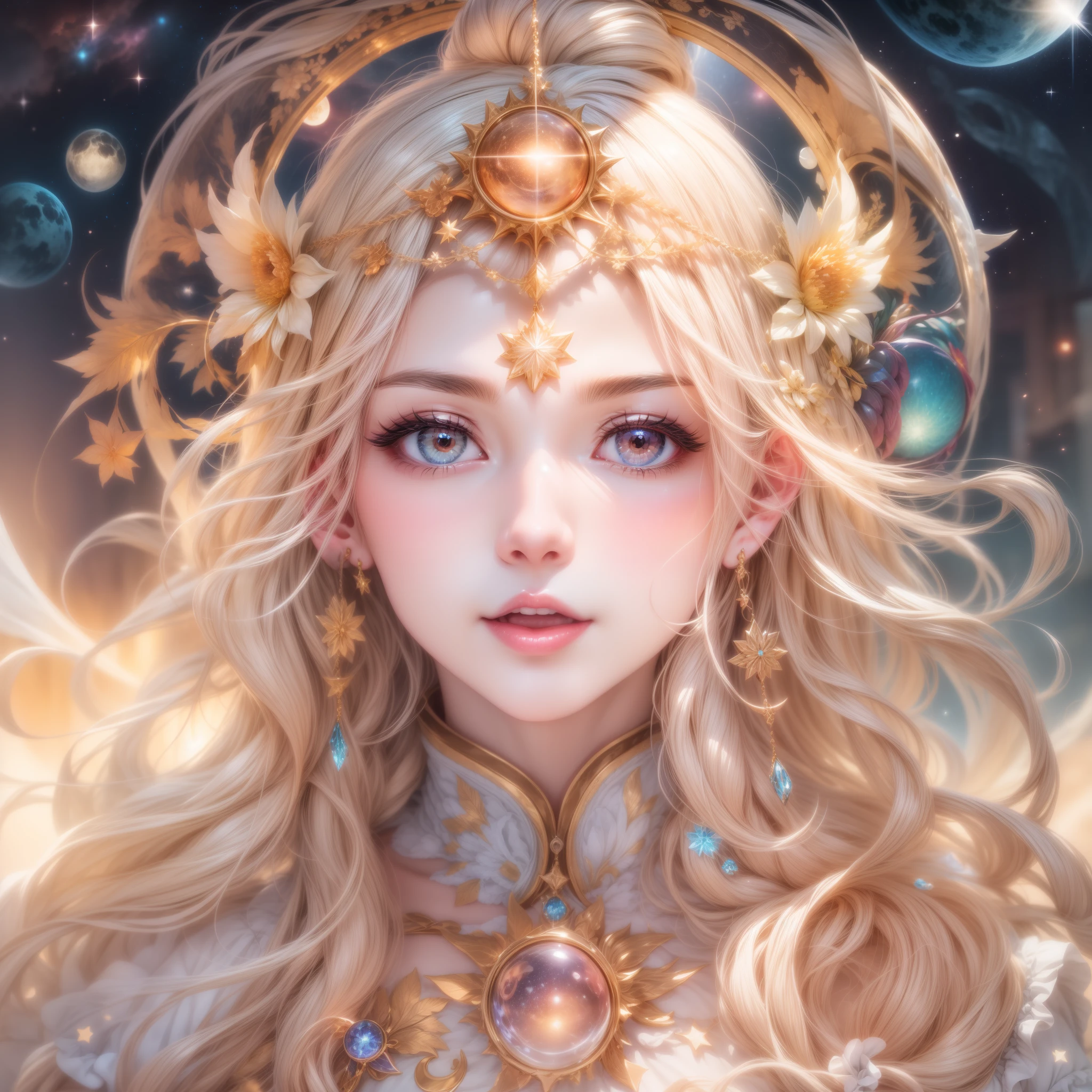 （tmasterpiece、Need、ultra-delicate、A high resolution），1goddess，（Long blonde hair、Eye hemorrhoids、ssmile），(background starry sky、planet earth、suns、themoon、galactic)，Divine light，The characters radiate holy light，offcial art，Extremely detailed，（The upper part of the body、Front lens、facing at camera）