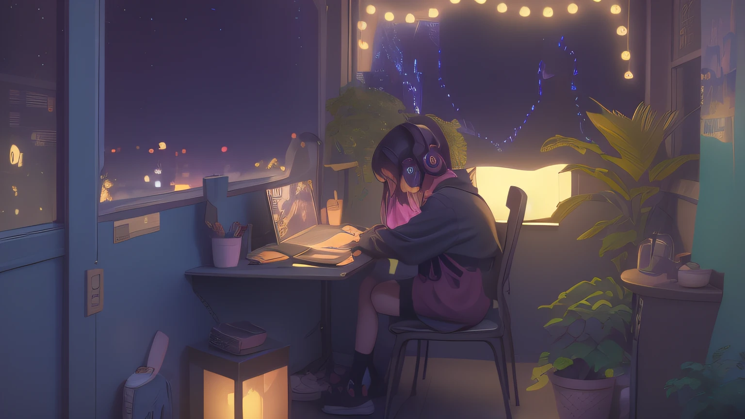 anime scene of a woman sitting at a table with a laptop, lofi artstyle, lofi girl, lofi feel, lofi girl aesthetic, lofi art, lofi aesthetic, lofi vibes, lofi vibe, anime aesthetic, night outside, lofi portrait, calm night. digital illustration, lo-fi art, lofi hip hop