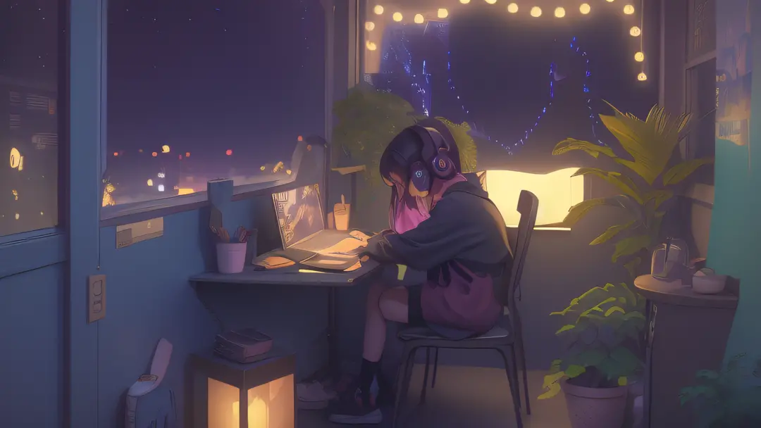 anime scene of a woman sitting at a table with a laptop, lofi artstyle, lofi girl, lofi feel, lofi girl aesthetic, lofi art, lof...