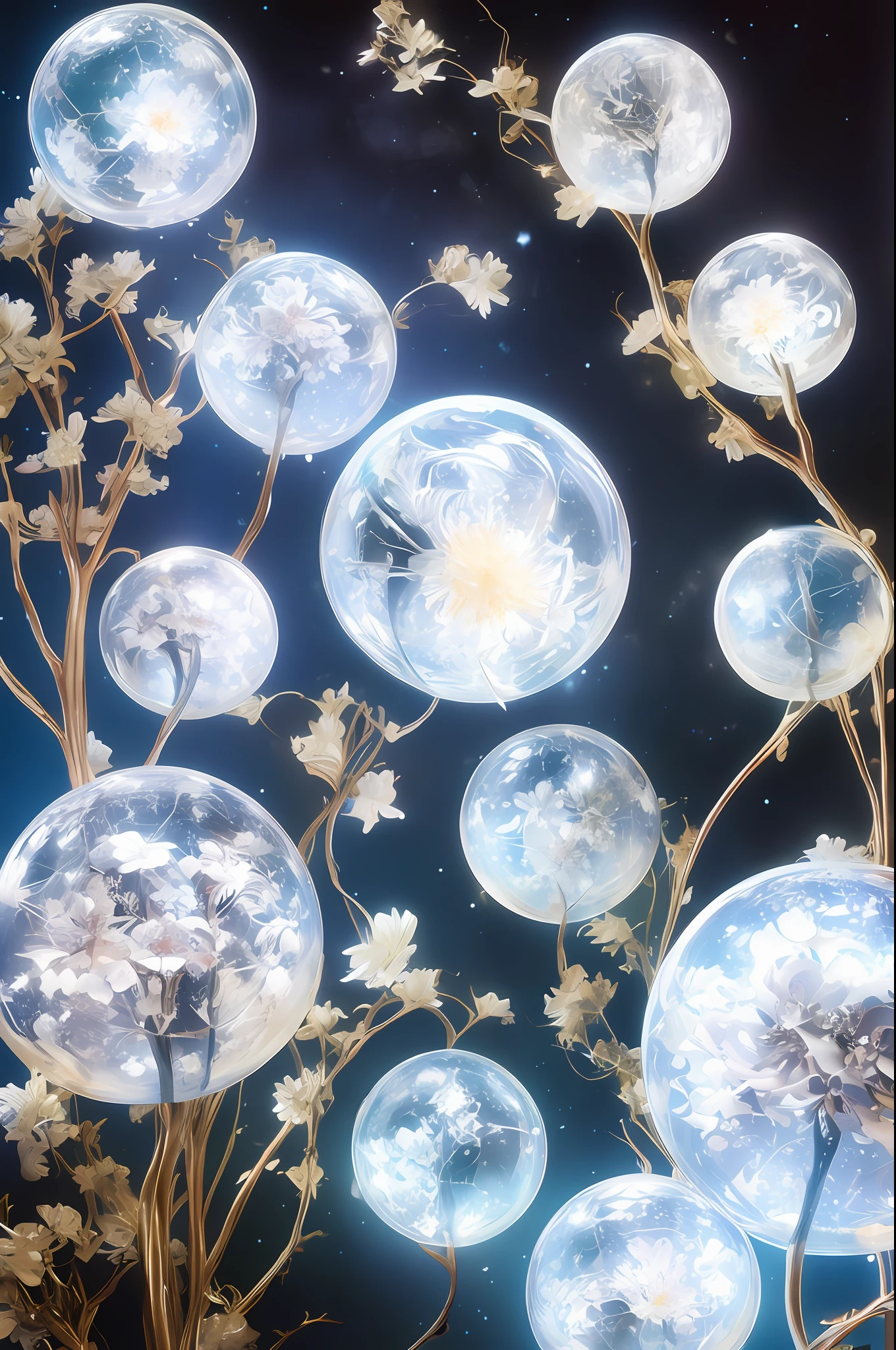Un universo con estrellas，El Big Bang de las Estrellas，esfera energética，flores de cristal，Dragon Chino，la luna