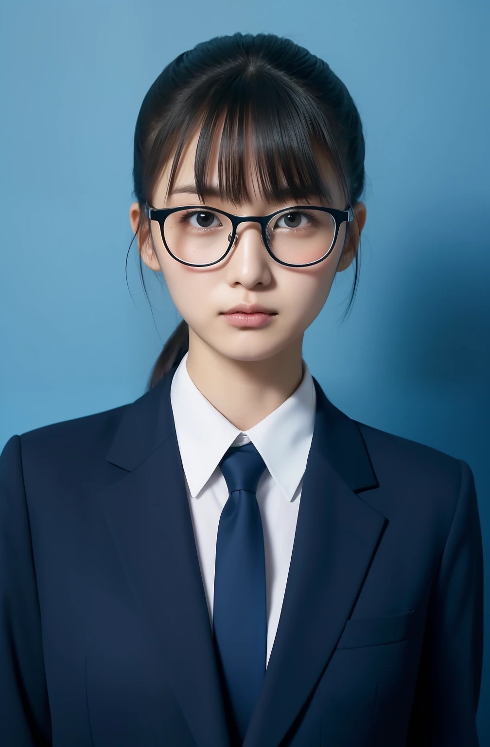 japanes、28 year old、femele、Wearing a black recruit suit、Hair tied back、Straight-down bangs、No makeup、Looks faint-hearted、light skinned、Solid blue background、Large margins、Stand straight、ID photo、Wearing glasses、There is a large margin at the top