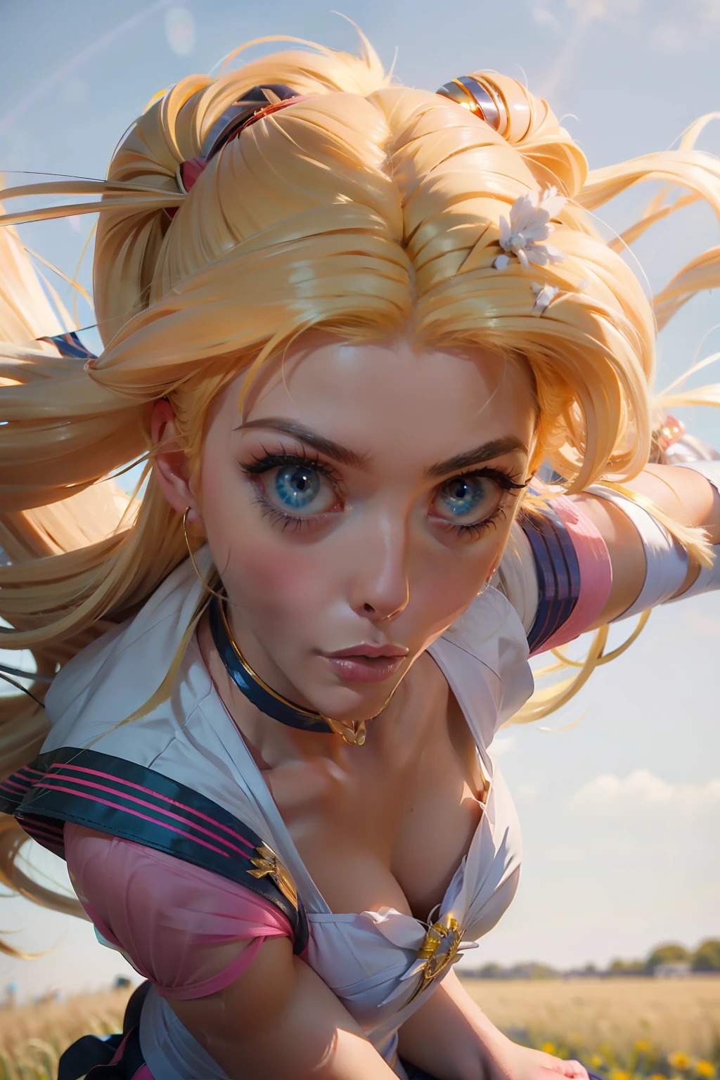 professional medium body photo of eternal sailor moon, detailed skin, detailed eyes, finely detailed hair, field, volumetric light, highrez, masterpiece, best quality,