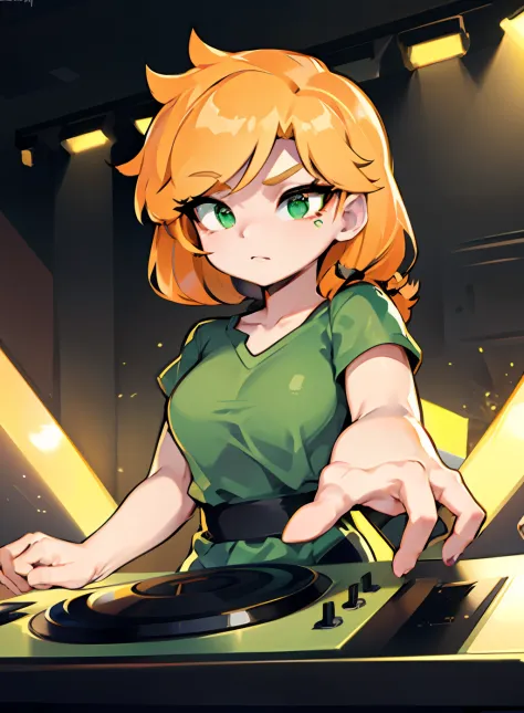 A solo shot featuring alex (minecraft)
green eyes
orange hair a DJ, showcasing her skills on the turntables at a vibrant rave.