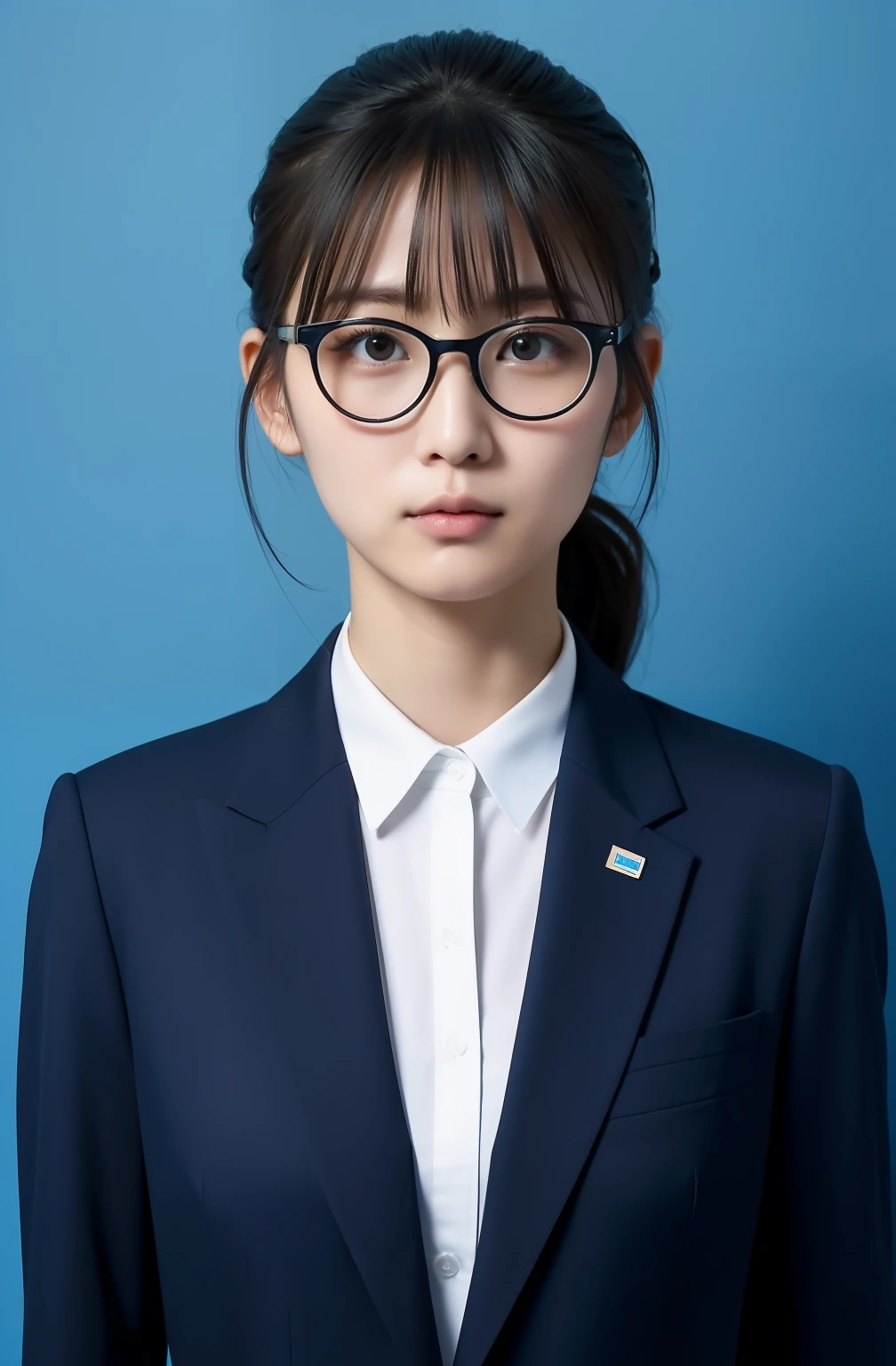 japanes、28 year old、femele、Wearing a black recruit suit、Hair tied back、Straight-down bangs、No makeup、Looks faint-hearted、light skinned、Solid blue background、Large margins、Stand straight、ID photo、Wearing glasses、There is a large margin at the top