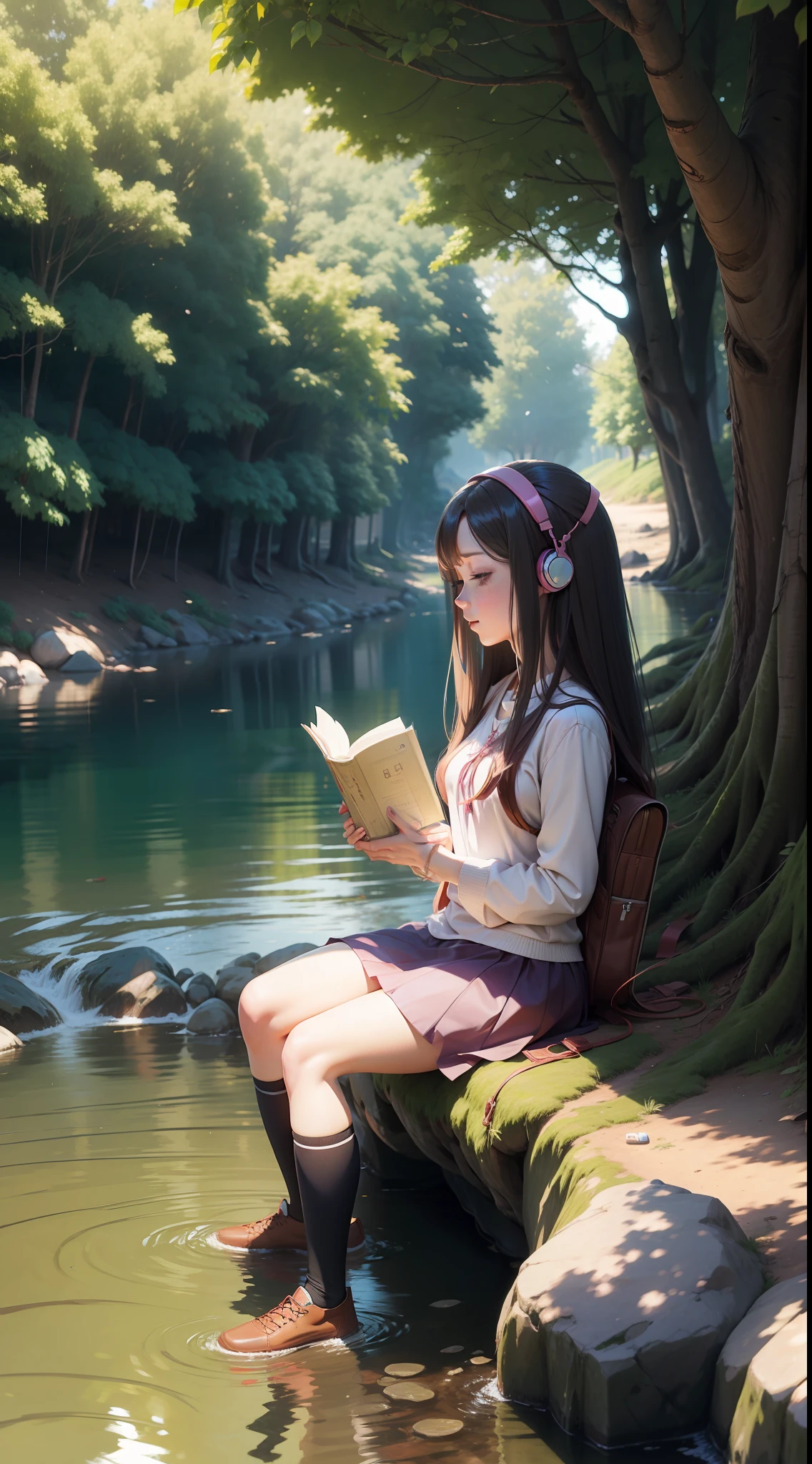 "An anime girl reading while listening to music under a tree near a river."