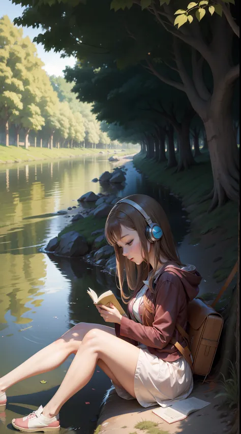 "an anime girl reading while listening to music under a tree near a river."