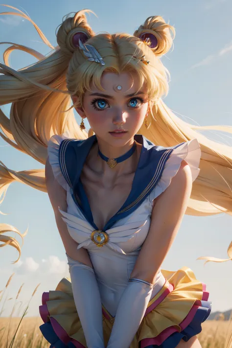 professional medium body photo of eternal sailor moon, detailed skin, detailed eyes, finely detailed hair, field, volumetric lig...