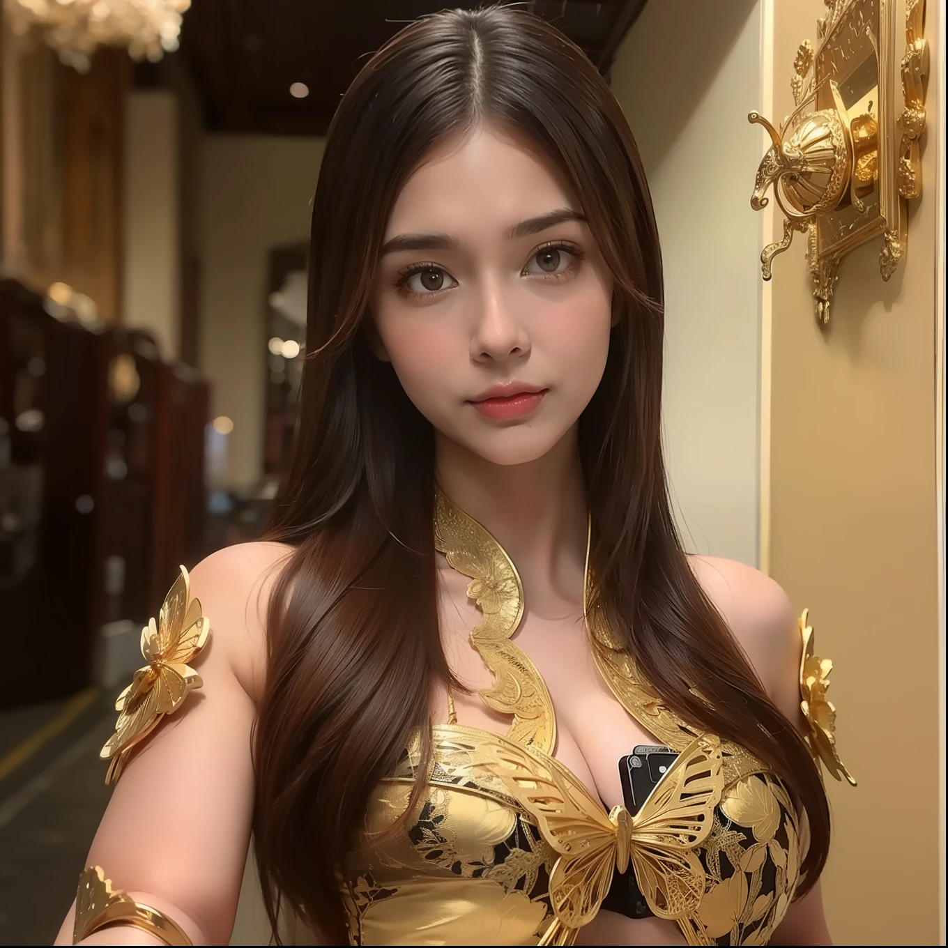 8k portrait of beautiful cyborg with brown hair, looking to camera, ID card photo, intricate, elegant, highly detailed, majestic, digital photography, art by artgerm and ruan jia and greg rutkowski surreal painting gold butterfly filigree, broken glass, (masterpiece, sidelighting, finely detailed beautiful eyes: 1.2), hdr,