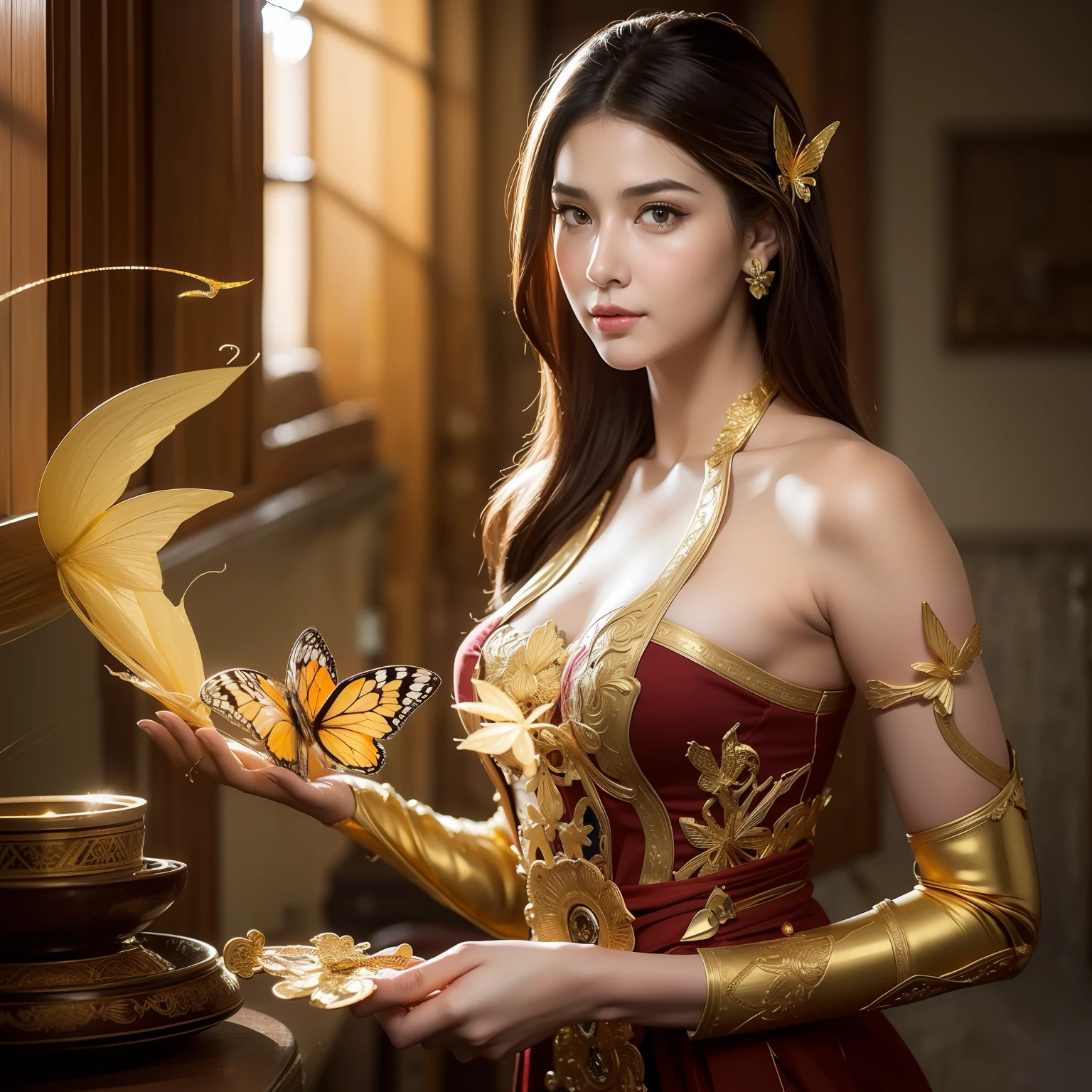 8k portrait of beautiful cyborg with brown hair, looking to camera, ID card photos, intricate, elegant, highly detailed, majestic, digital photography, art by artgerm and ruan jia and greg rutkowski surreal painting gold butterfly filigree, broken glass, (masterpiece, sidelighting, finely detailed beautiful eyes: 1.2), hdr,