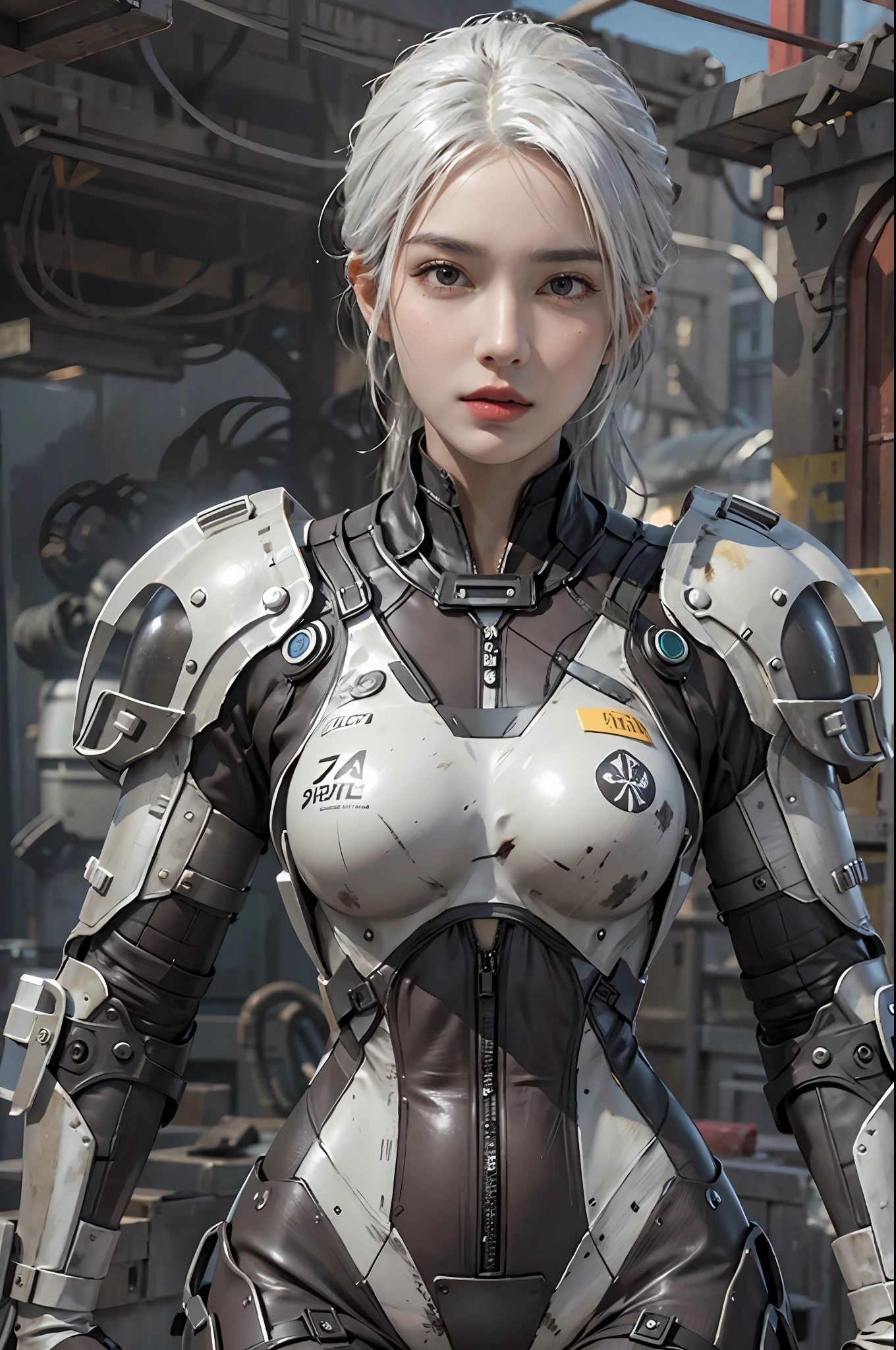 photorealistic, high resolution, 1women, solo, hips up, look at viewer, (detailed face), white hair, long hair, fallout, chinese stealth suit