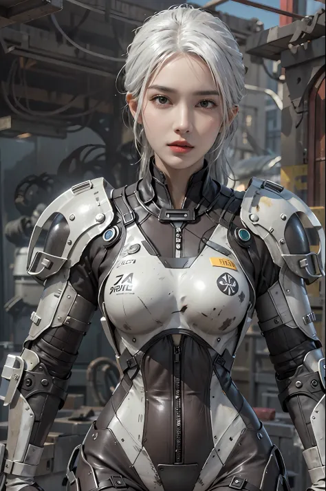 photorealistic, high resolution, 1women, solo, hips up, look at viewer, (detailed face), white hair, long hair, fallout, chinese...