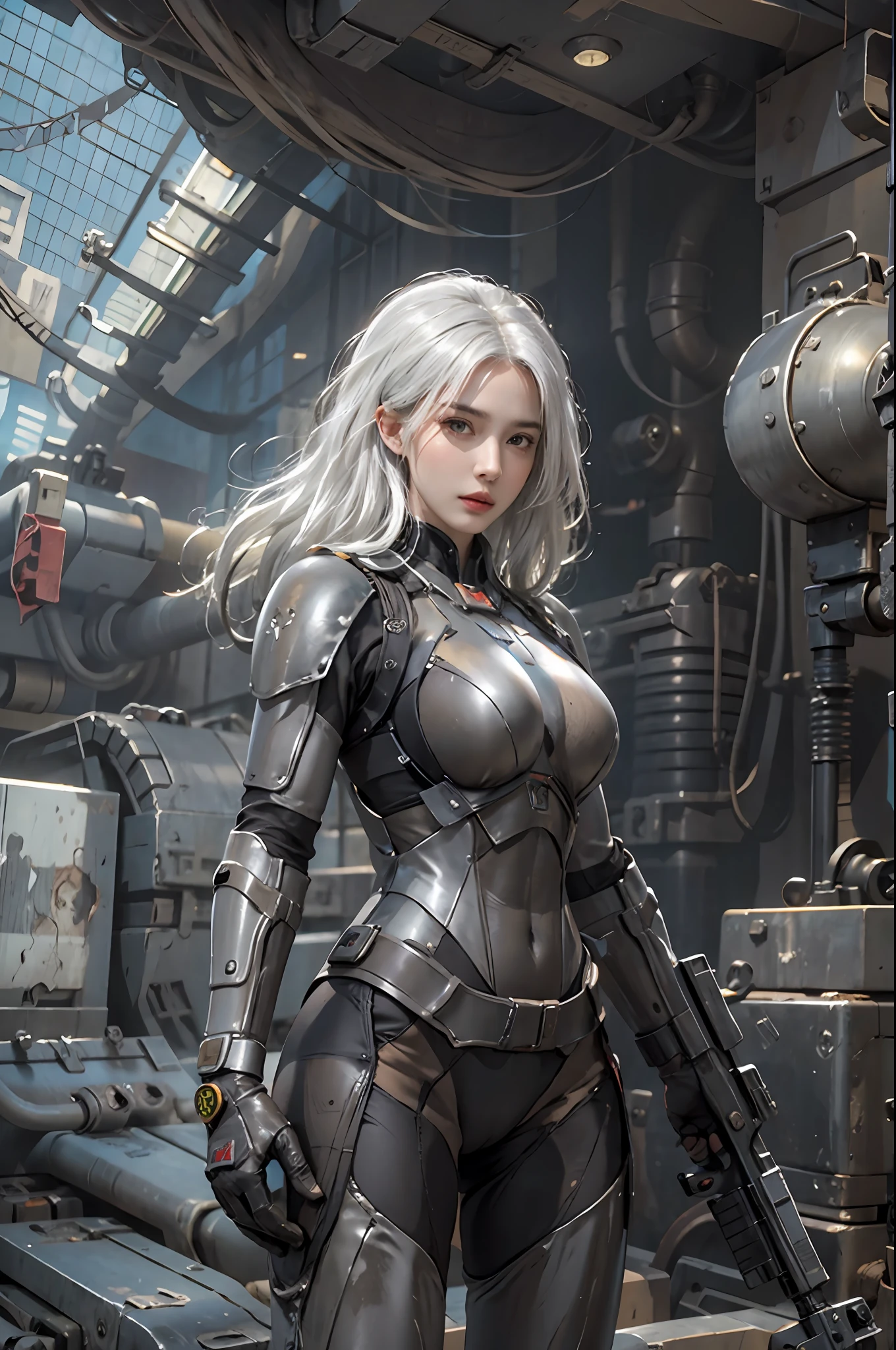 photorealistic, high resolution, 1women, solo, hips up, look at viewer, (detailed face), white hair, long hair, fallout, chinese stealth suit