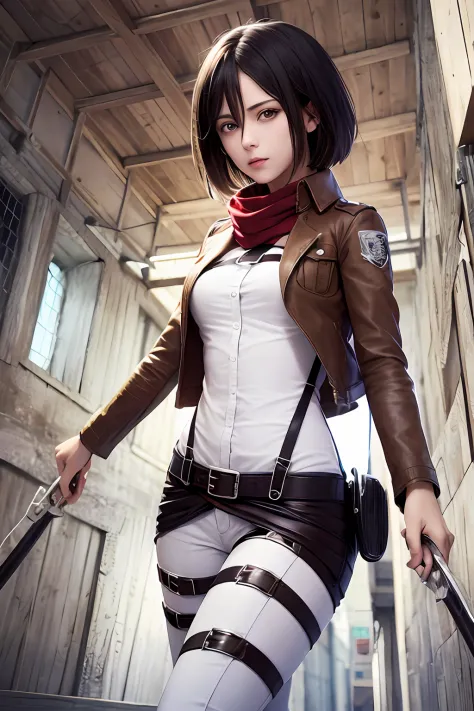 master part, best quality, Altas, Hmmikasa, short hair, olhos negros, echarpe, emblema, belt, thigh strap, red scarf, white pant, jaqueta marrom, mangas compridas, segurando arma, espada, ao ar livre