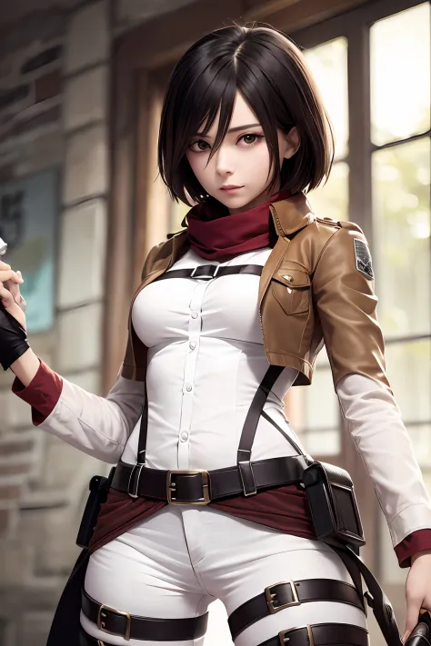 master part, best quality, Altas, Hmmikasa, short hair, olhos negros, echarpe, emblema, belt, thigh strap, red scarf, white pant, jaqueta marrom, mangas compridas, segurando arma, espada, ao ar livre