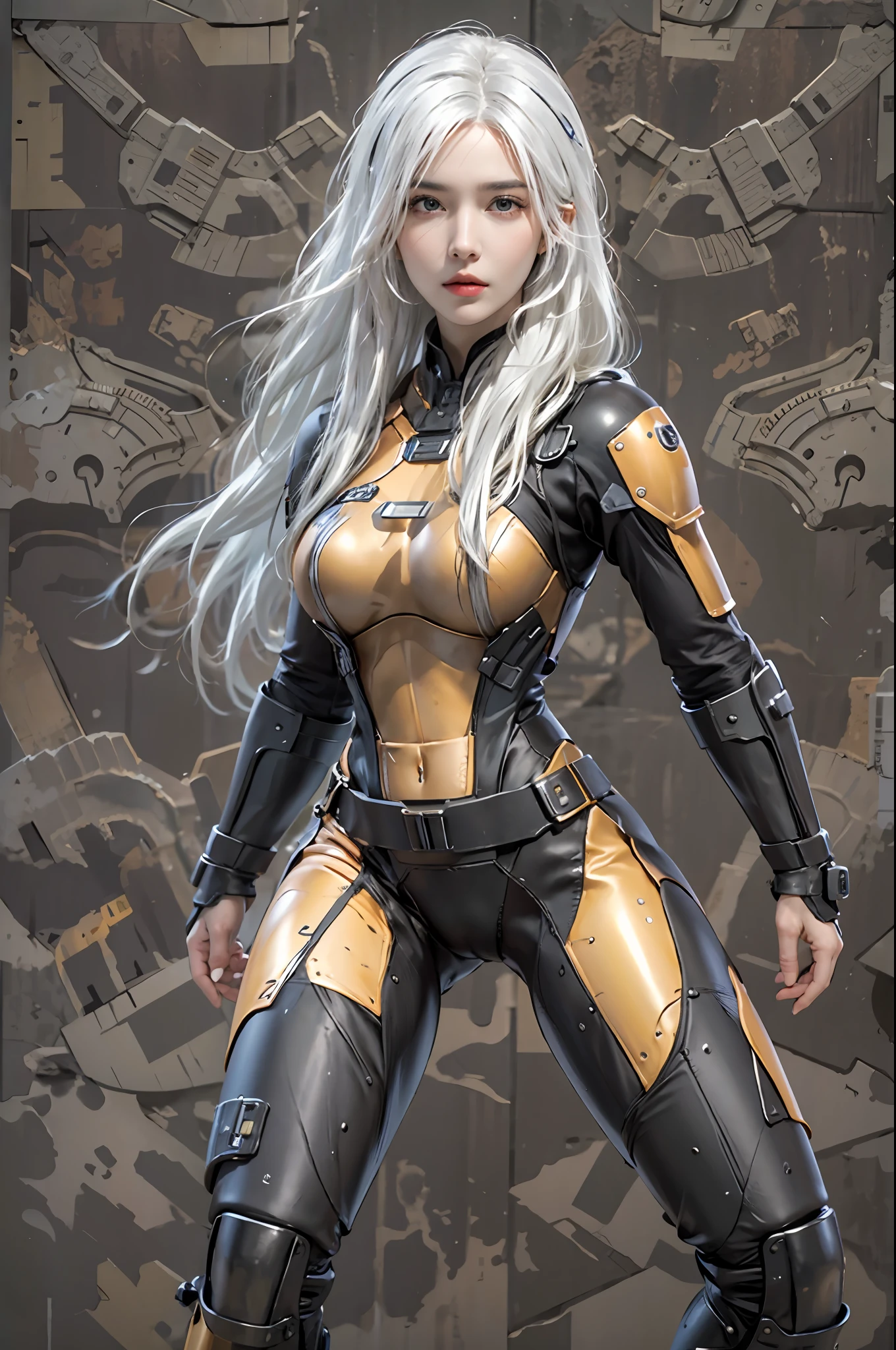 photorealistic, high resolution, 1women, solo, hips up, look at viewer, (detailed face), white hair, long hair, fallout, chinese stealth suit