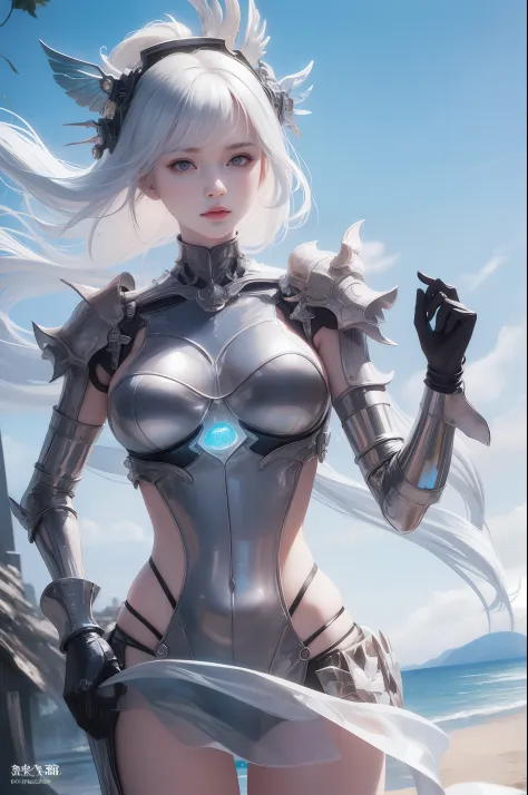best qualtiy，Refined face，25岁少女，Large breasts，A body made of metal，Smaller bust，Metallic structural skeleton，beachside，Stand up，...