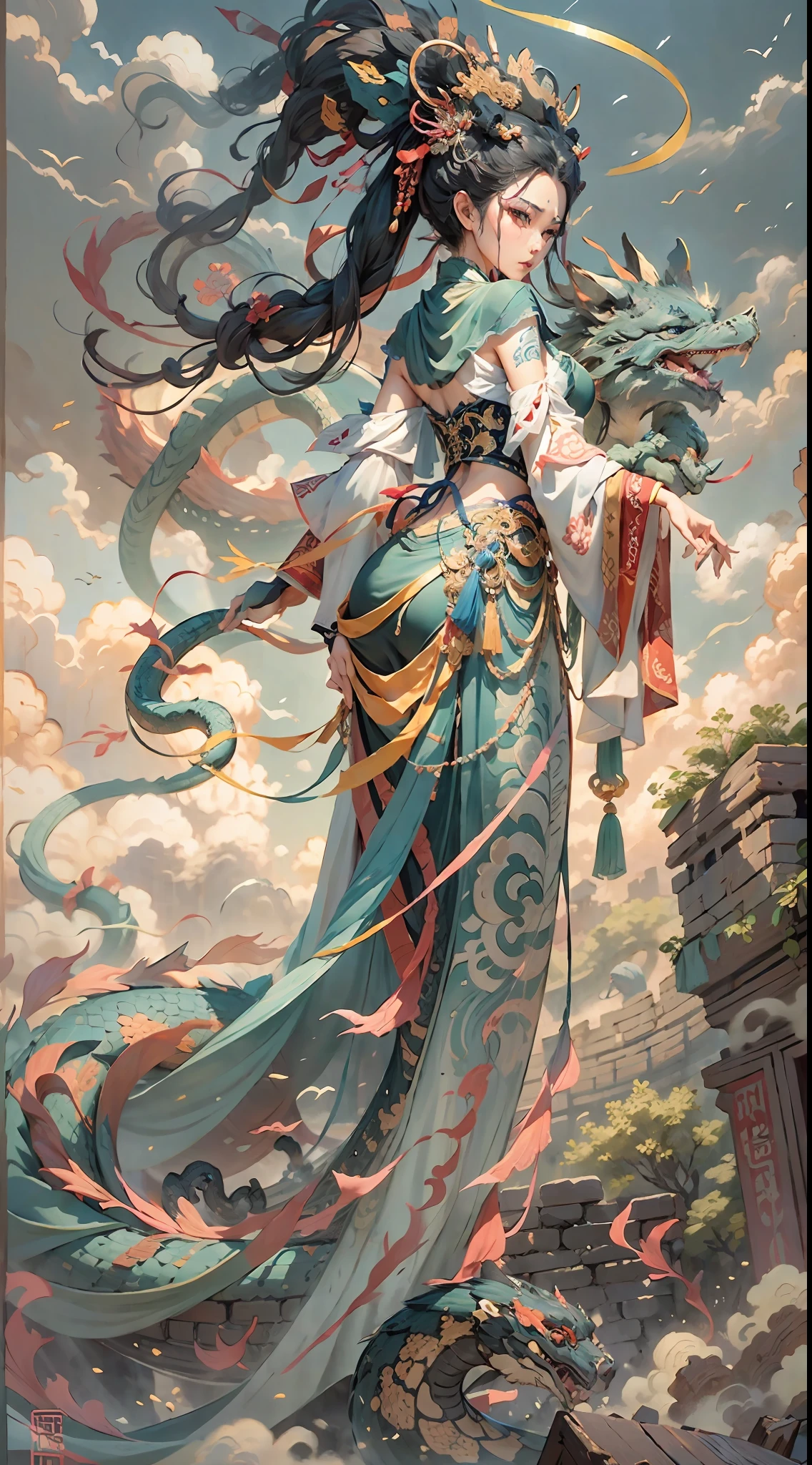 Nuwa makes up the sky，Ancient Chinese goddess Nuwa，demihuman, Half snake，The upper body is human, （The lower body is a snake tail：1.3），Flying，Sky cracks，paint black，（（Chinese mythology）），the great wall，high qulity，super-fine，Detailed pubic hair，Accurate，（tmasterpiece），Works of masters，（16K resolution），Light and dark are intense，dynamic viewing angle