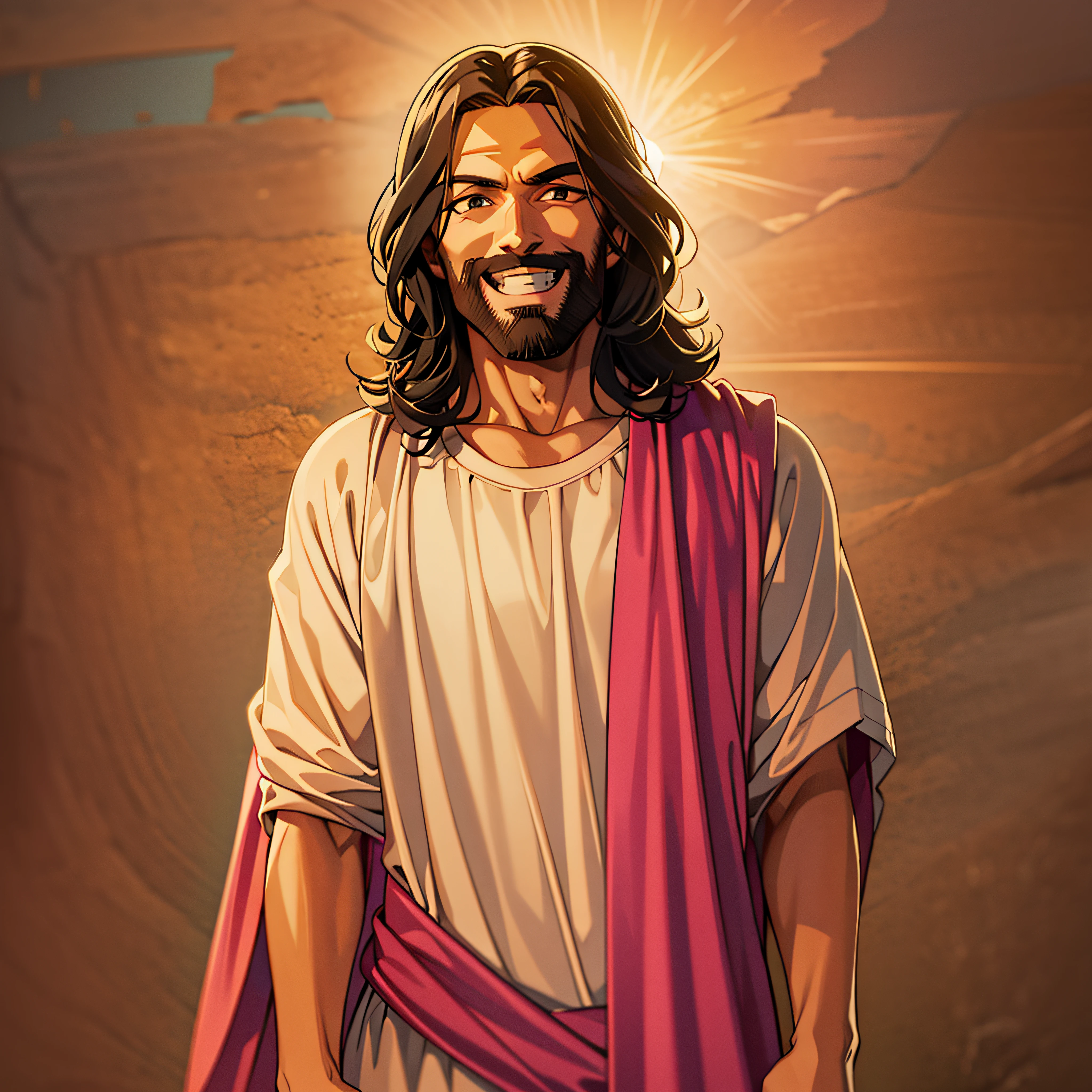 イエスはカジュアルな服を着ています, 画面を見て, 穏やかな表情, 笑顔, フレンドリーな笑顔