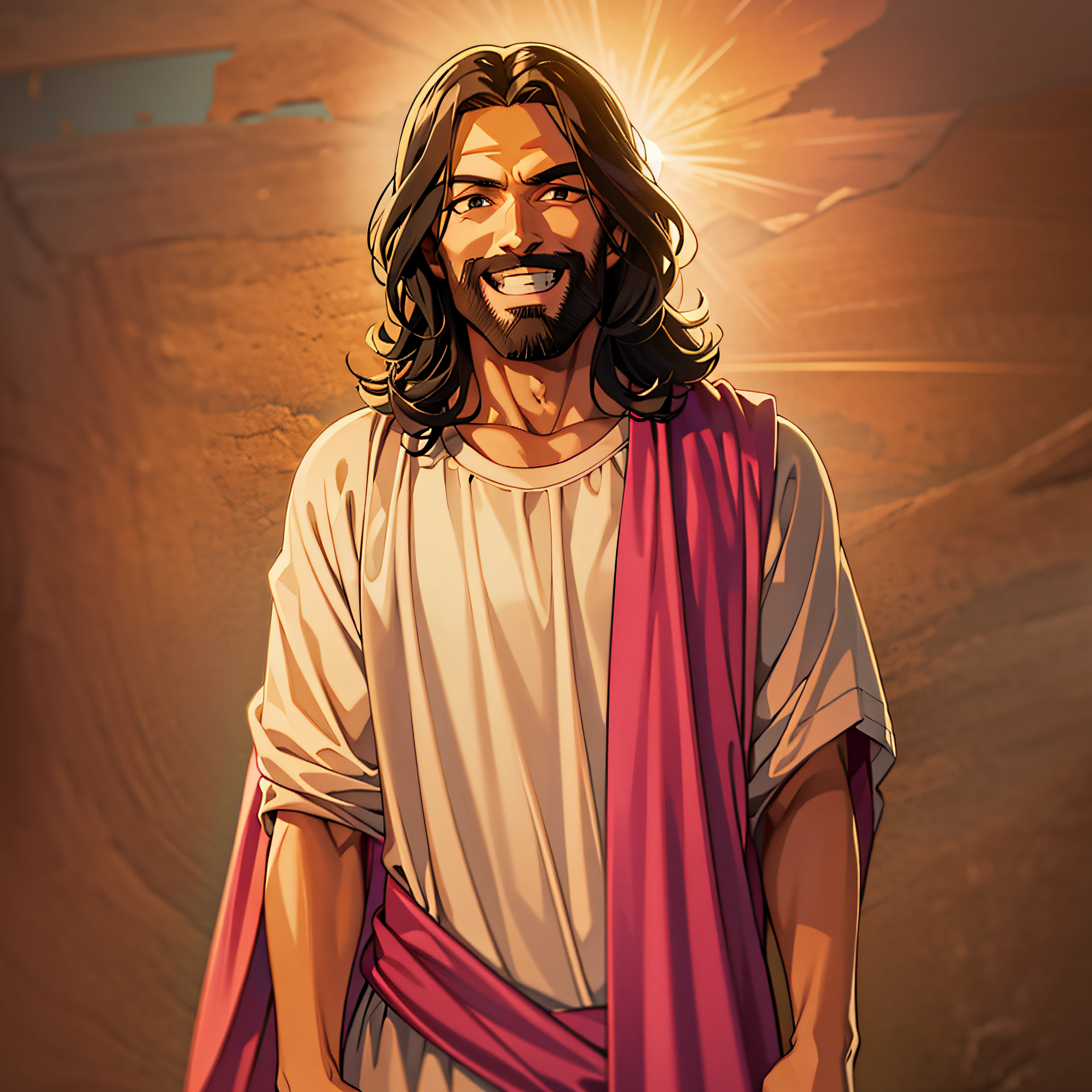 Jesus is wearing casual clothes, olhando para a tela, olhar sereno, sorrindo, friendly smile