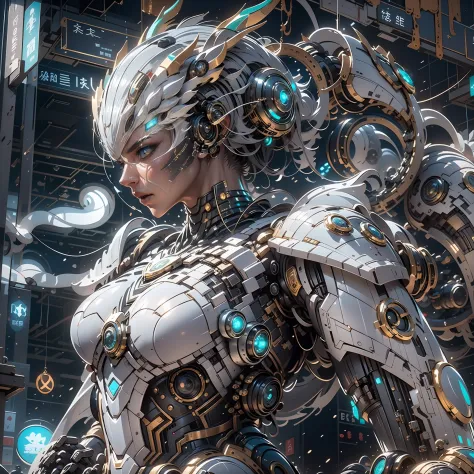 （（best qualtiy））， （（tmasterpiece））， （The is very detailed：1.3）， 3D，In Cyberpunk World，A girl in mechanical armor，holding futuris...