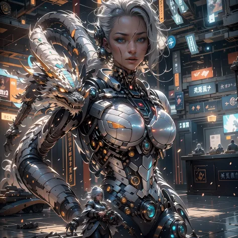 （（best qualtiy））， （（tmasterpiece））， （The is very detailed：1.3）， 3D，In Cyberpunk World，A girl in mechanical armor，holding futuris...