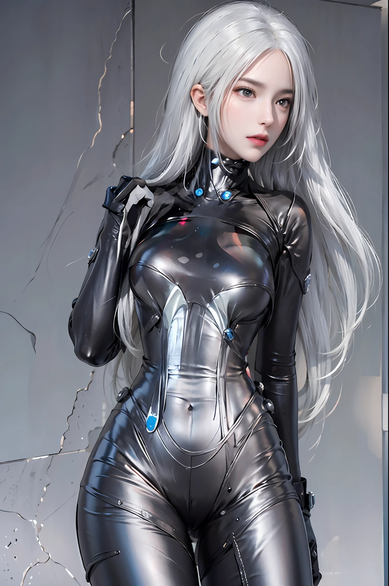 photorealistic, high resolution, 1women, solo, hips up, look at viewer, (detailed face), white hair, long hair, gantz, reika\(bodysuit\)