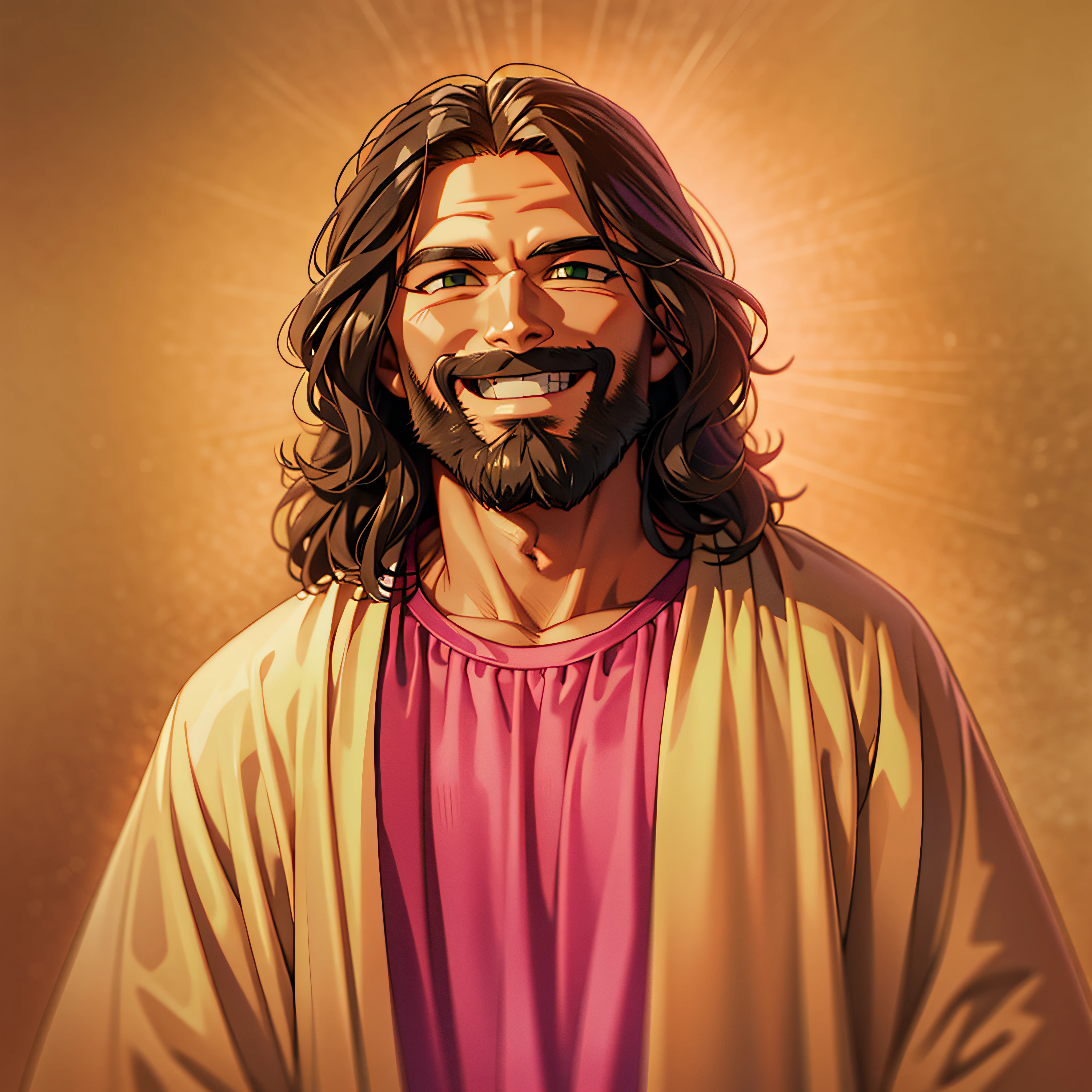 イエスはカジュアルな服を着ています, 画面を見て, 穏やかな表情, 笑顔, フレンドリーな笑顔