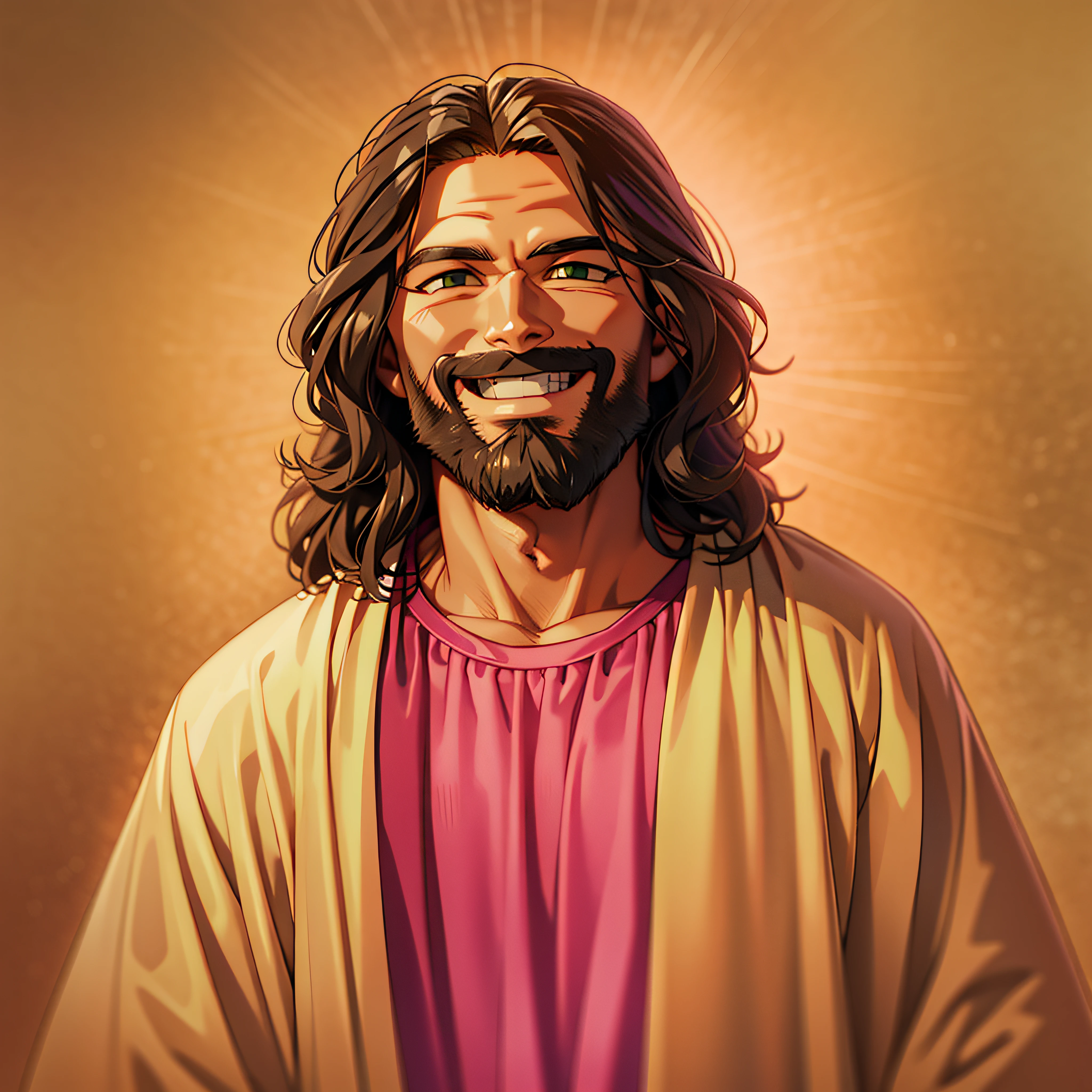 Jesus está usando roupas casuais, olhando para a tela, olhar sereno, sorrindo, Sorriso amigável