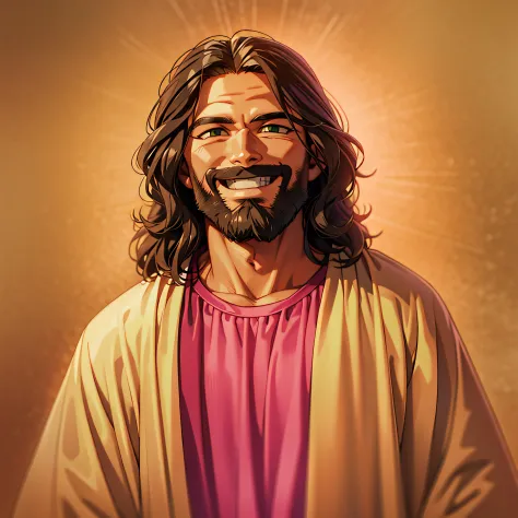 Jesus is wearing casual clothes, olhando para a tela, olhar sereno, sorrindo, friendly smile