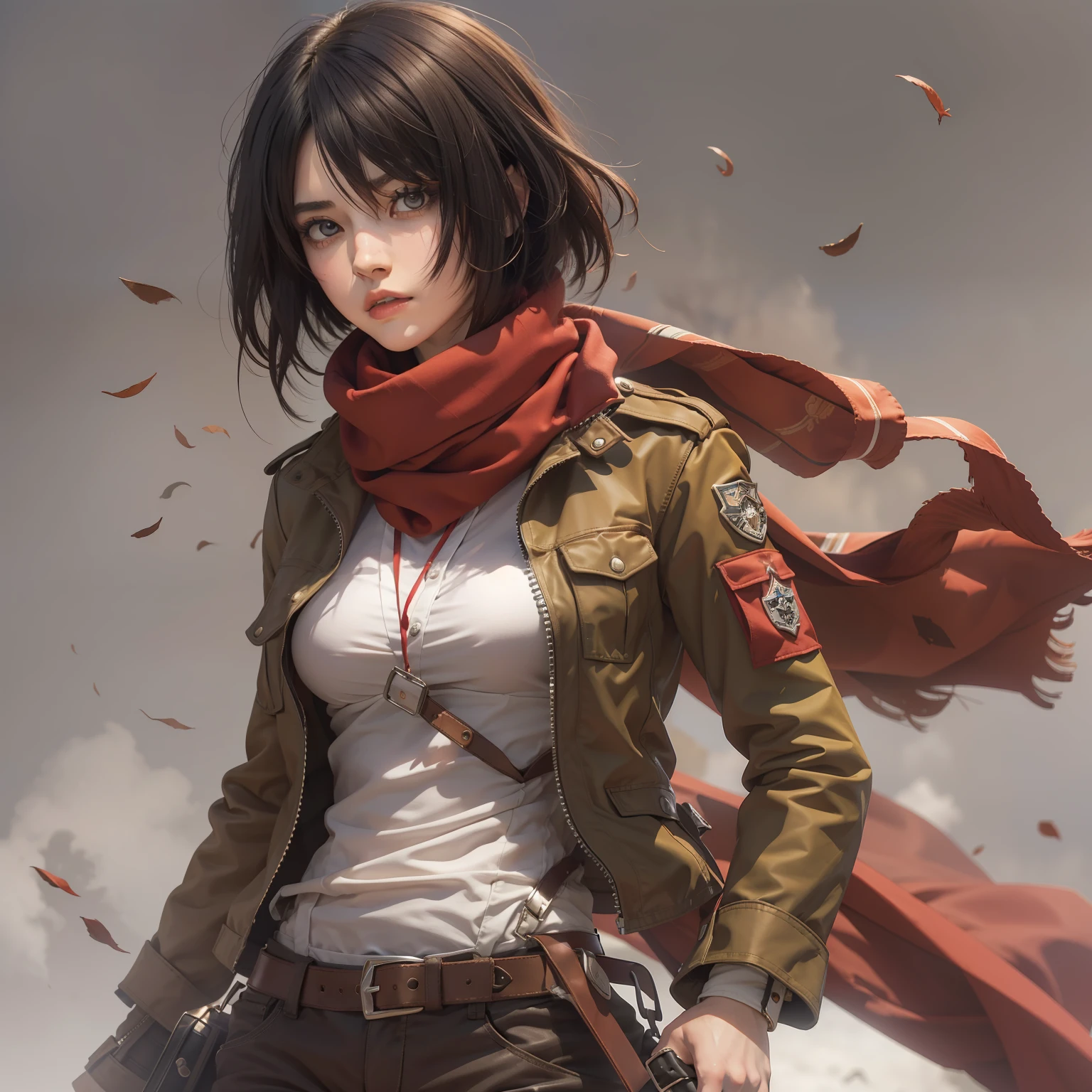 A woman in a red scarf and brown jacket holding a gun - SeaArt AI