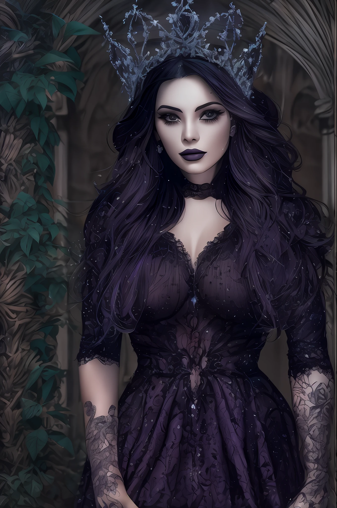 beautiful tattooed woman, short black hair, fully body, Gothic purple and black dress, black reindeer gloves, On his neck a crown of void, Gothic, very beautiful, highest quallity, 8k, in the background a dark forest, with illuminated butterflies