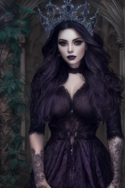 bela mulher tatuada, cabelos curtos preto, corpo inteiro, Gothic purple and black dress, luvas de rena preta, On his neck a crow...