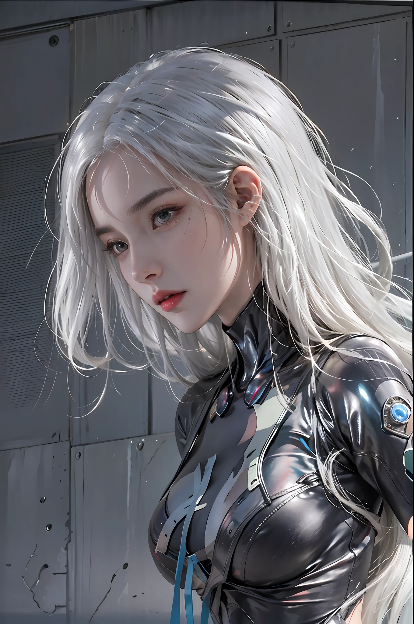 photorealistic, high resolution, 1women, solo, hips up, look at viewer, (detailed face), white hair, long hair, gantz, reika\(bodysuit\)