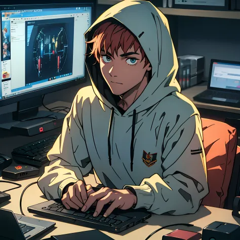 Cartoon of a hooded male gamer in a colorful LED lit room, sitting at a desk with a laptop, computer mouse, and microphone, look...