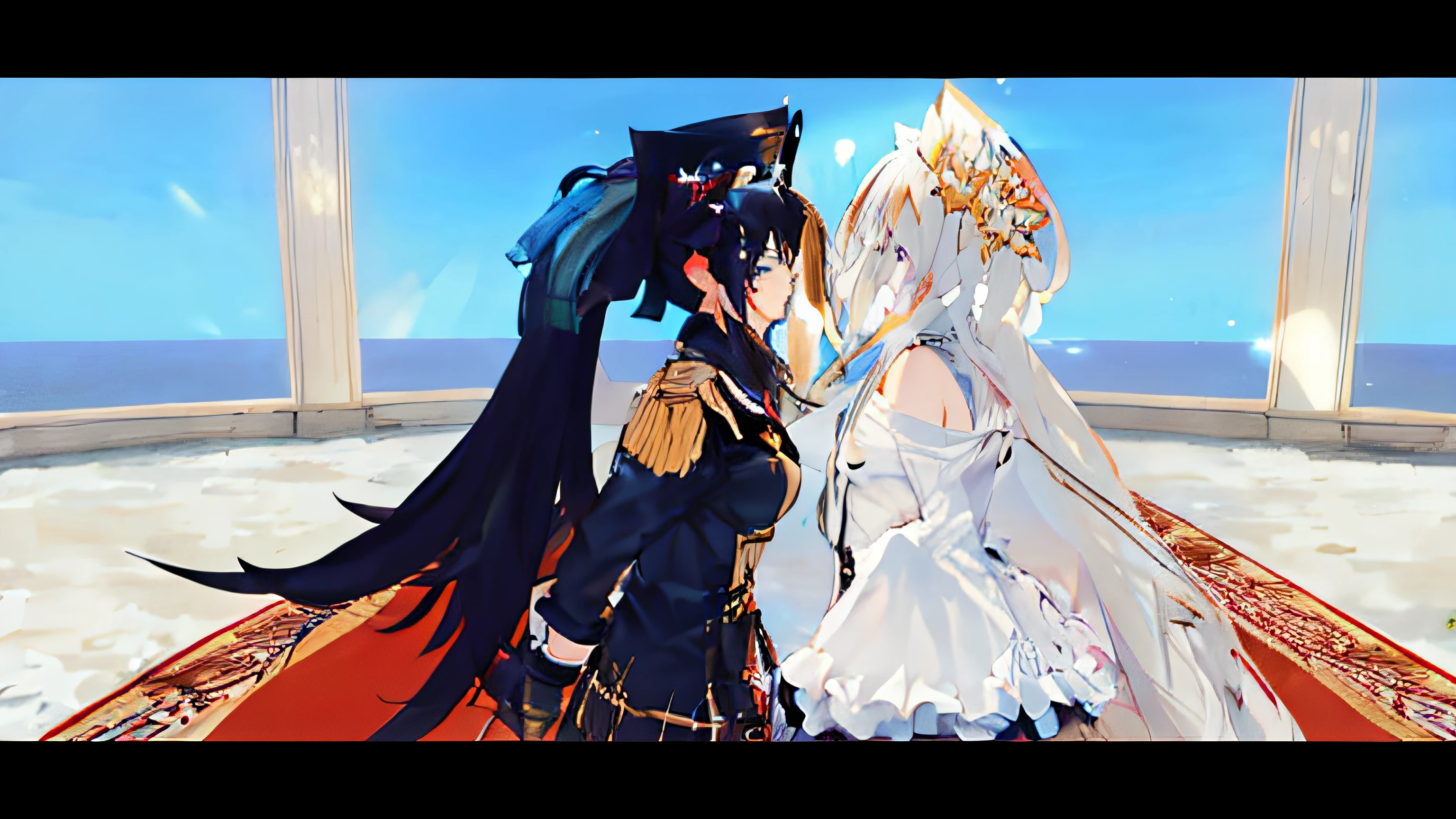 Anime characters dressed in costumes standing in a room, Do videogame Azur Lane, Estilo de pista Azur, Personagens de Azur Lane, Imagens de cutscene, Captura de tela do videogame>, cutscene, Imagens de jogabilidade, visual novel cg |, noire cena mal-humorada, Impacto de Ayaka Genshin, Captura de tela de jogabilidade de moda, blade and soul, jogabilidade ainda, gameplay video, casamento, garotas