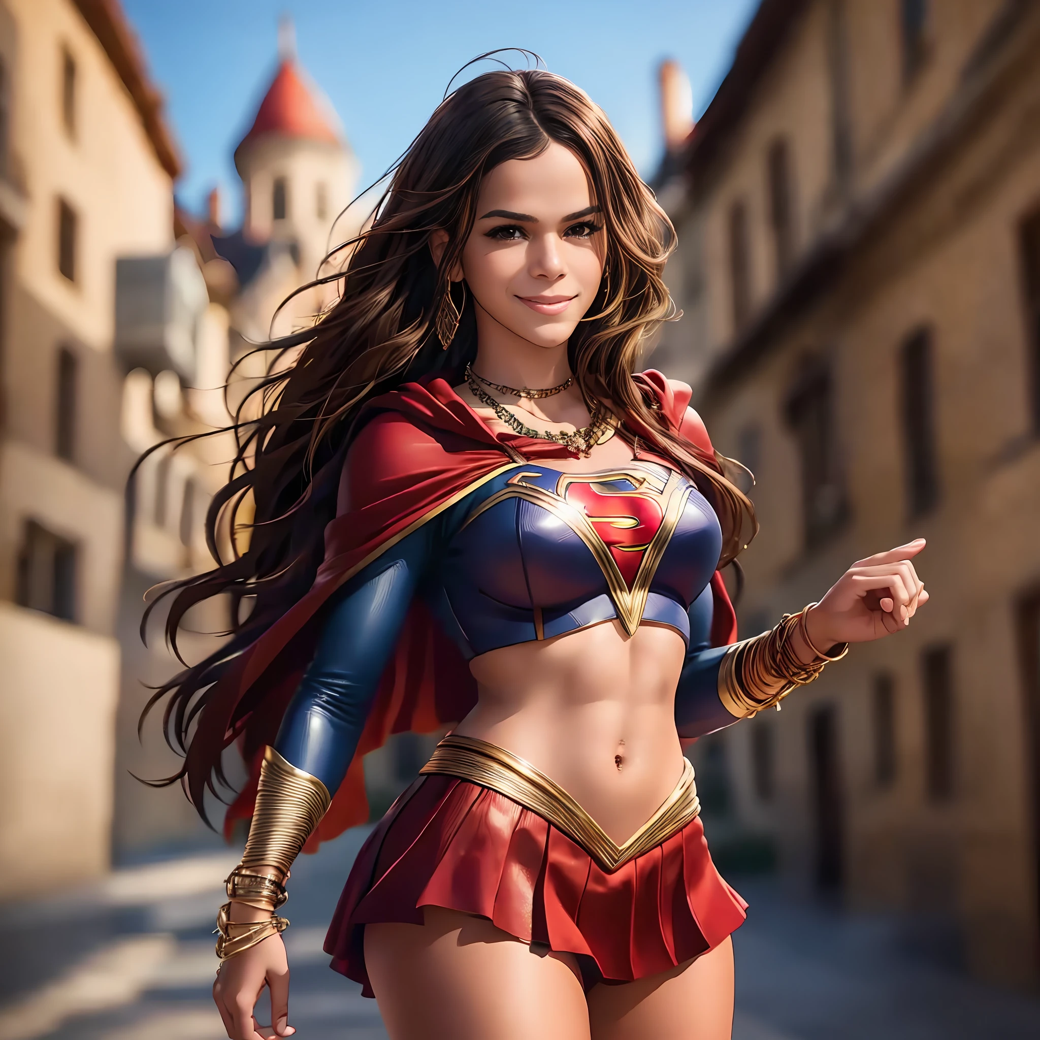 Photo of Bruna Marquezine, "Supergirl's masterpiece of art complete, high quality, ultra detailed in 4k, 8k, high resolution, hyper-realistic photo, hyper-detailed, realistic skin texture, amazing shadows, extremely detailed texture, perfect lighting, high-level image quality." A female superheroine, inspired by x-man, Fair skin, brown hair, outlined brown eyes, outlined face, bracelet, Full body, Nice super hero clothes, in the florest, outside a mansion, symbol S of superman, smile, perfect body, gorgeous woman, red cape