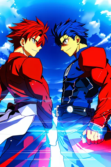 2 men, glaring at each other furiously, red and blue aura,