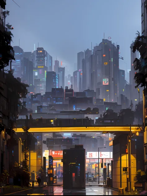 nighttime scene of a bus stop with a city in the background, hyper realistic cyberpunk city, urban concept art, rainy cyberpunk ...