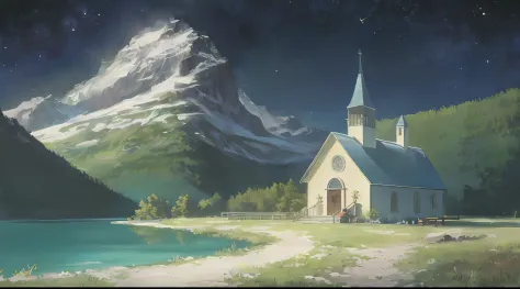 church near a lake, in the style of scenery, night sky