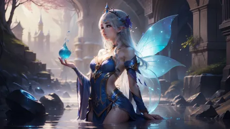 top-quality、Masterpiece、Blue and purple dream color system、Sense of fate、top-quality、Master Layout、Lighting lighting、mermaids、Mare、Stone pills、elvish、Holding a mussel pearl in your hand、Dressed in a fairytale costume、Water Fairy、Close-up fantasy of the mag...